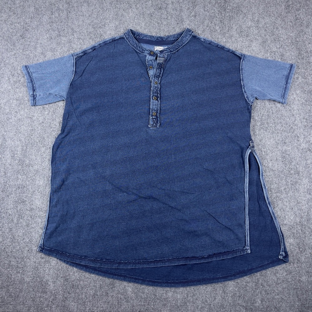 We The Free Henley Top Womens Small Blue Mineral Wash Waffle Sleeve OB1683764